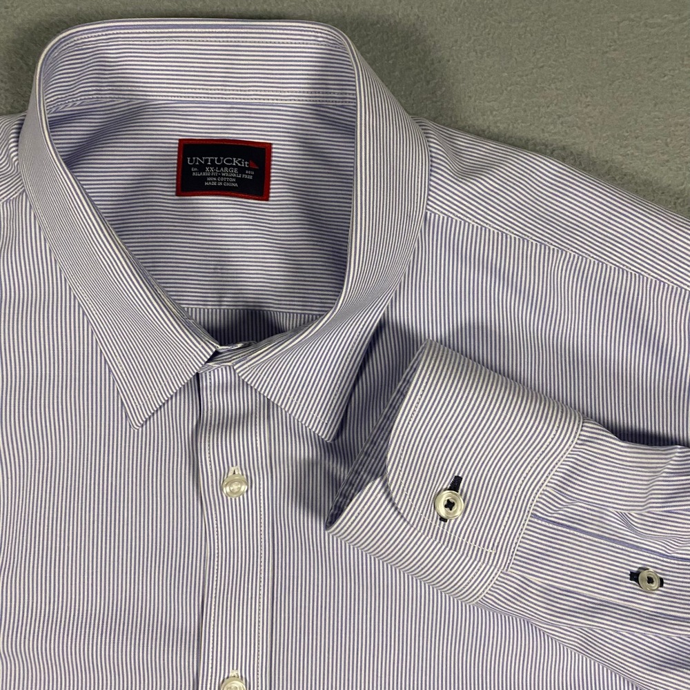 UNTUCKit Mens XXL Relaxed Fit Wrinkle Free Cotton Striped Button Down Shirt Blue